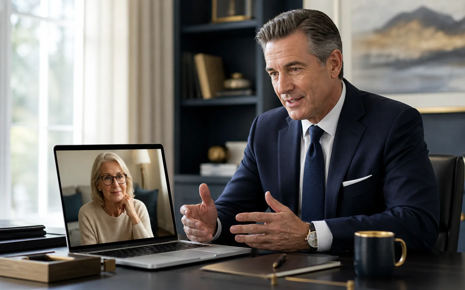 A financial advisor speaking on a virtual call with a baby boomer woman
