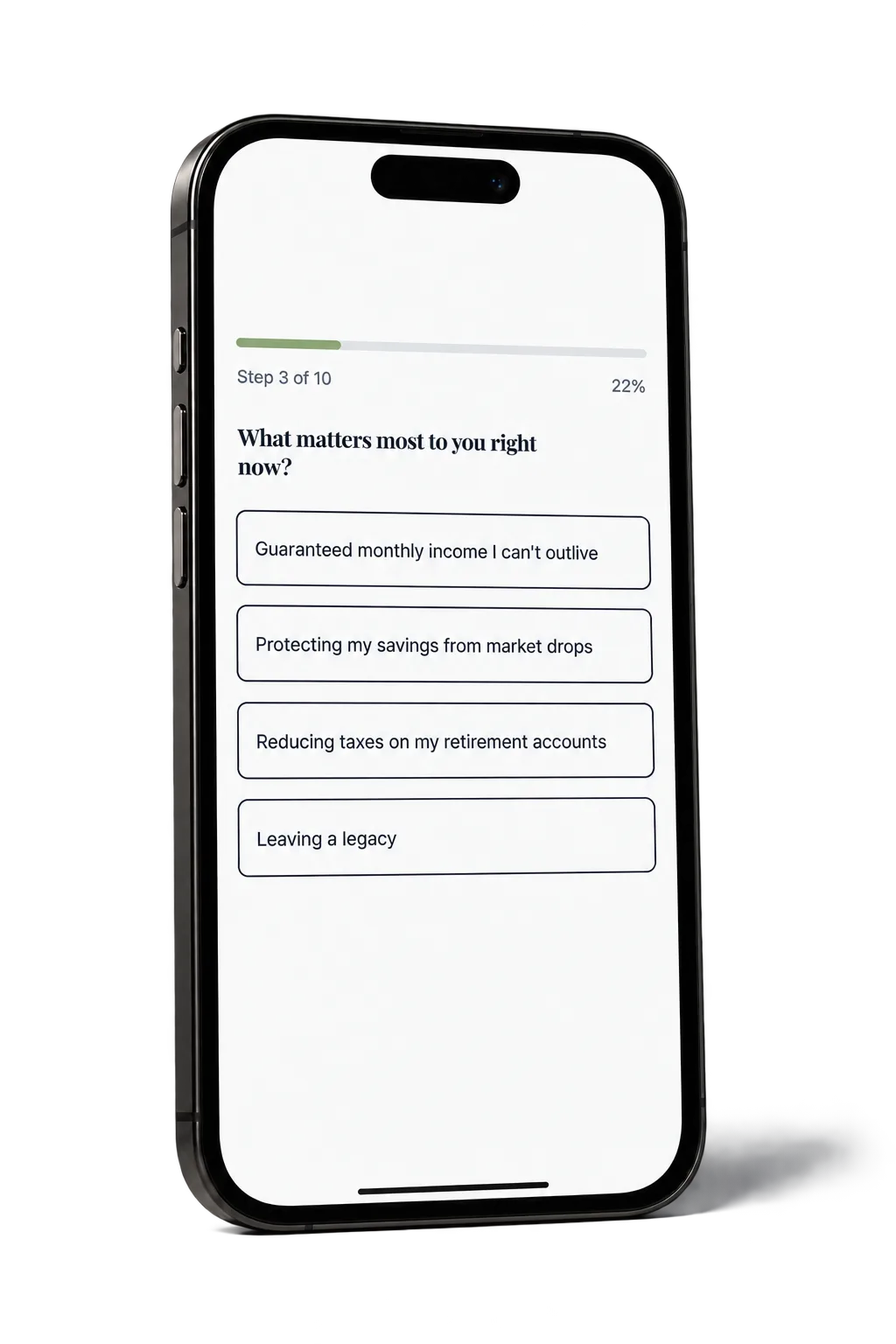 A retirement quiz funnel displayed on a smartphone