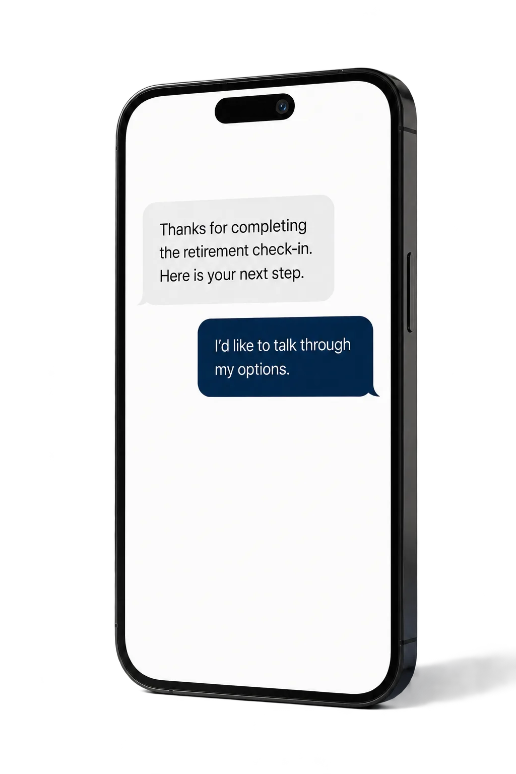 A text-message follow-up conversation displayed on a smartphone
