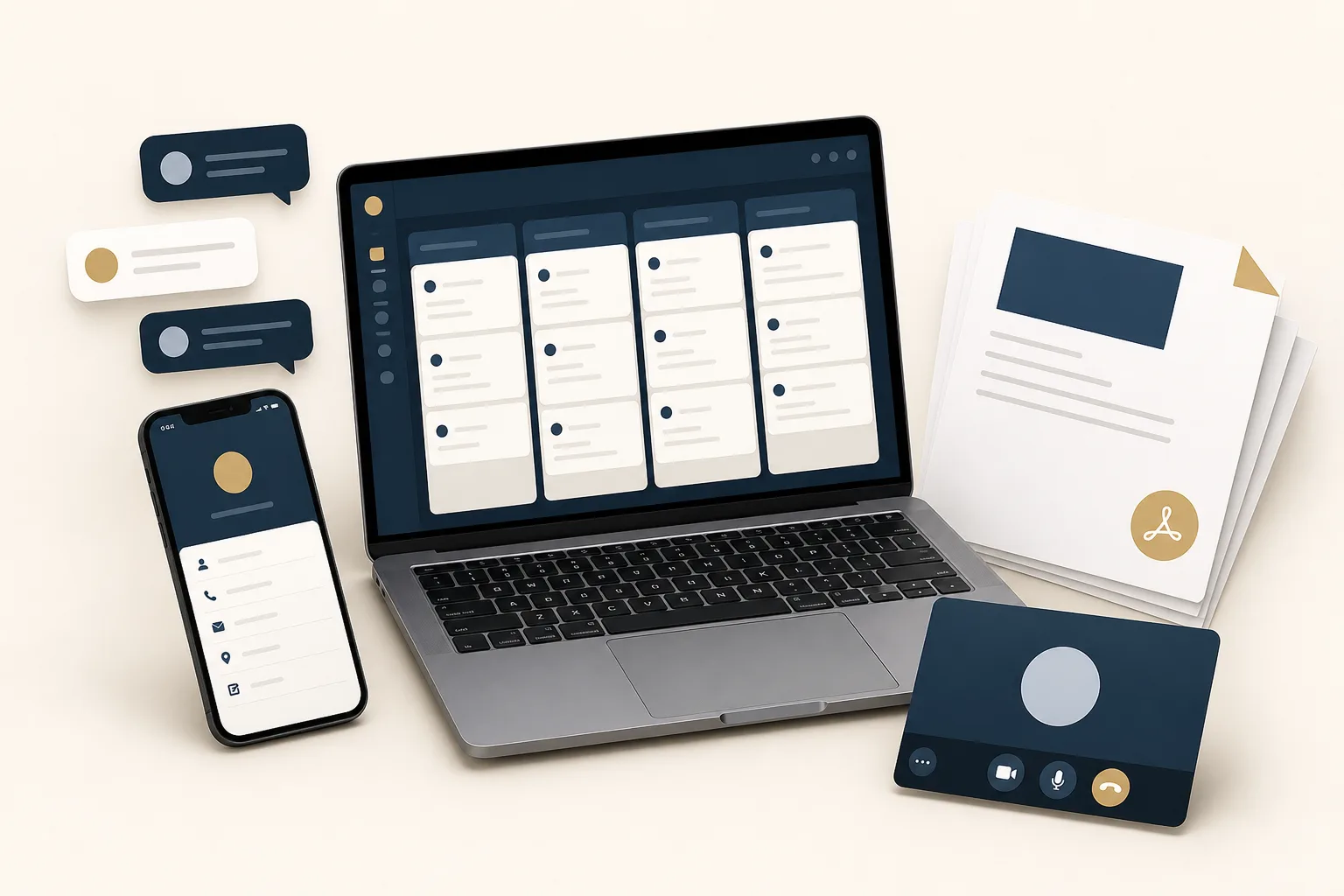 Product system stack showing a CRM lead pipeline, lead connector phone, SMS follow-up, client PDFs, and video coaching.